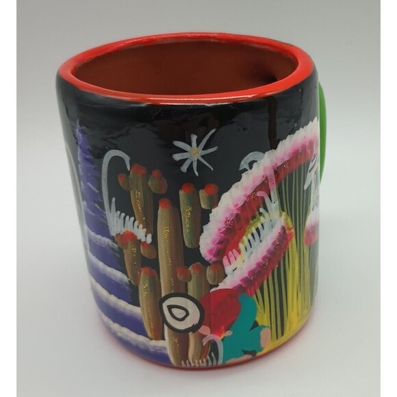 Mexican Folk Art Mug Redware Hand painted Cactus Glitter Red - Picture 2 of 8